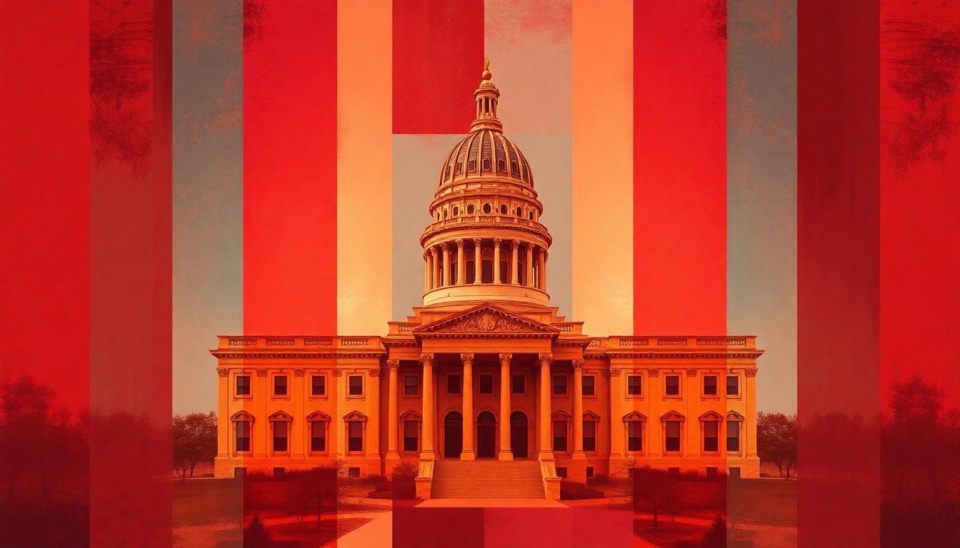 A fractured, abstract painting depicting the Texas state capitol building in Austin, with the structure repeated and overlapping in waves of deep red, burnt orange, and dusty blue tones, conceptually representing the state's shift toward more centralized control and the debate over local autonomy.