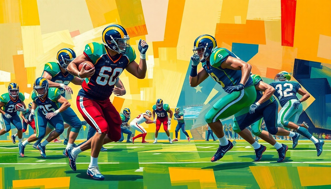 A fragmented, geometric painting depicting the motion and intensity of a Colorado State football practice, with sharp planes of the players' uniforms and the field blending together in a vibrant, abstract composition.