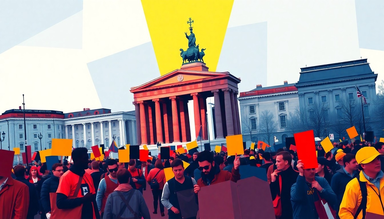 A dynamic, abstract painting featuring overlapping geometric shapes and brushstrokes in navy, red, and yellow, conveying the energy and movement of a political protest in an urban setting.