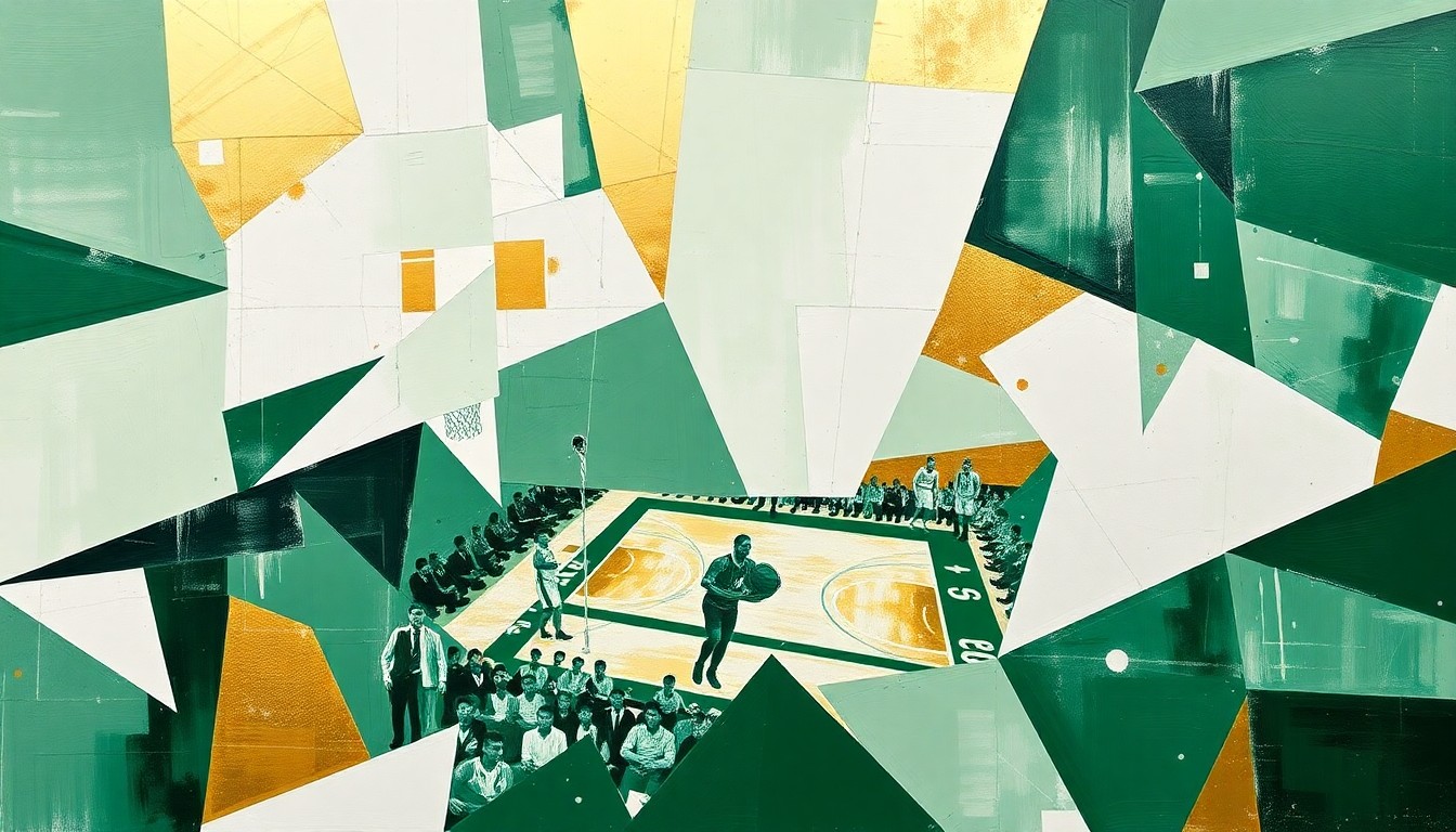 A cubist, geometric painting depicting a fragmented basketball game, with sharp, overlapping shapes in the Celtics' team colors of green, white, and gold, conveying the strategic complexity of the team's playoff preparations.