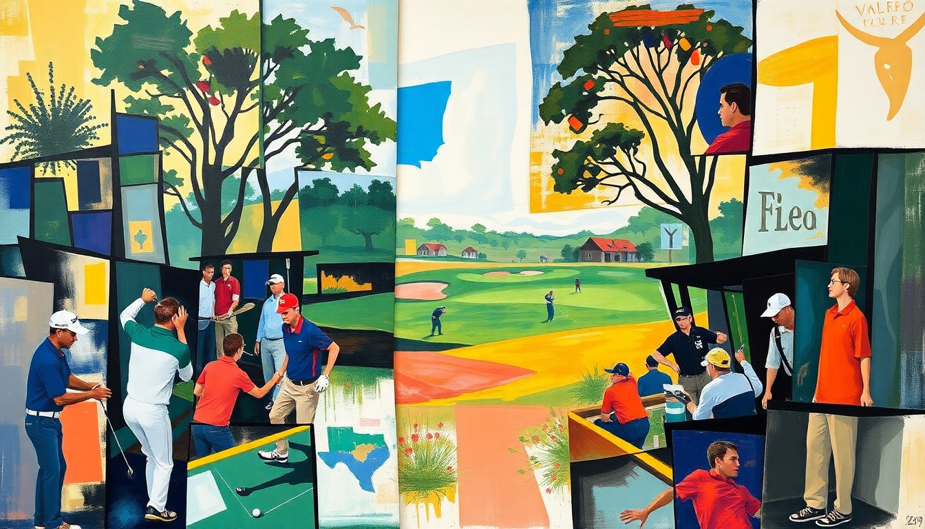 A cubist, geometric painting depicting a fragmented, multi-perspective scene of a golf tournament, with players and the course represented as abstract, overlapping shapes and forms in a vibrant color palette.