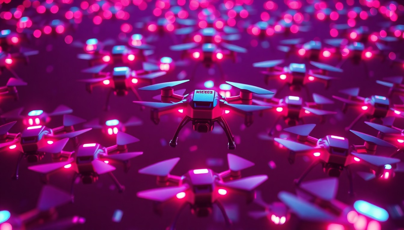 A highly detailed, glowing 3D illustration of a swarm of small drones with neon cyan and magenta lights, representing the advanced military technology being developed to defend against such threats.