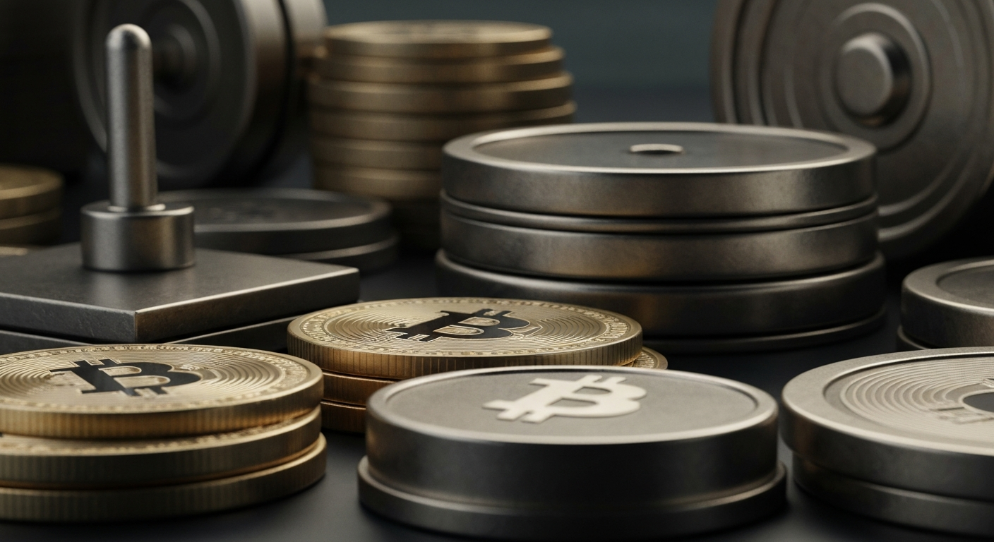 An extreme close-up of various gears, levers, and metal components that make up the complex machinery of the financial system, conveying a sense of the tangible, industrial nature of the cryptocurrency market.