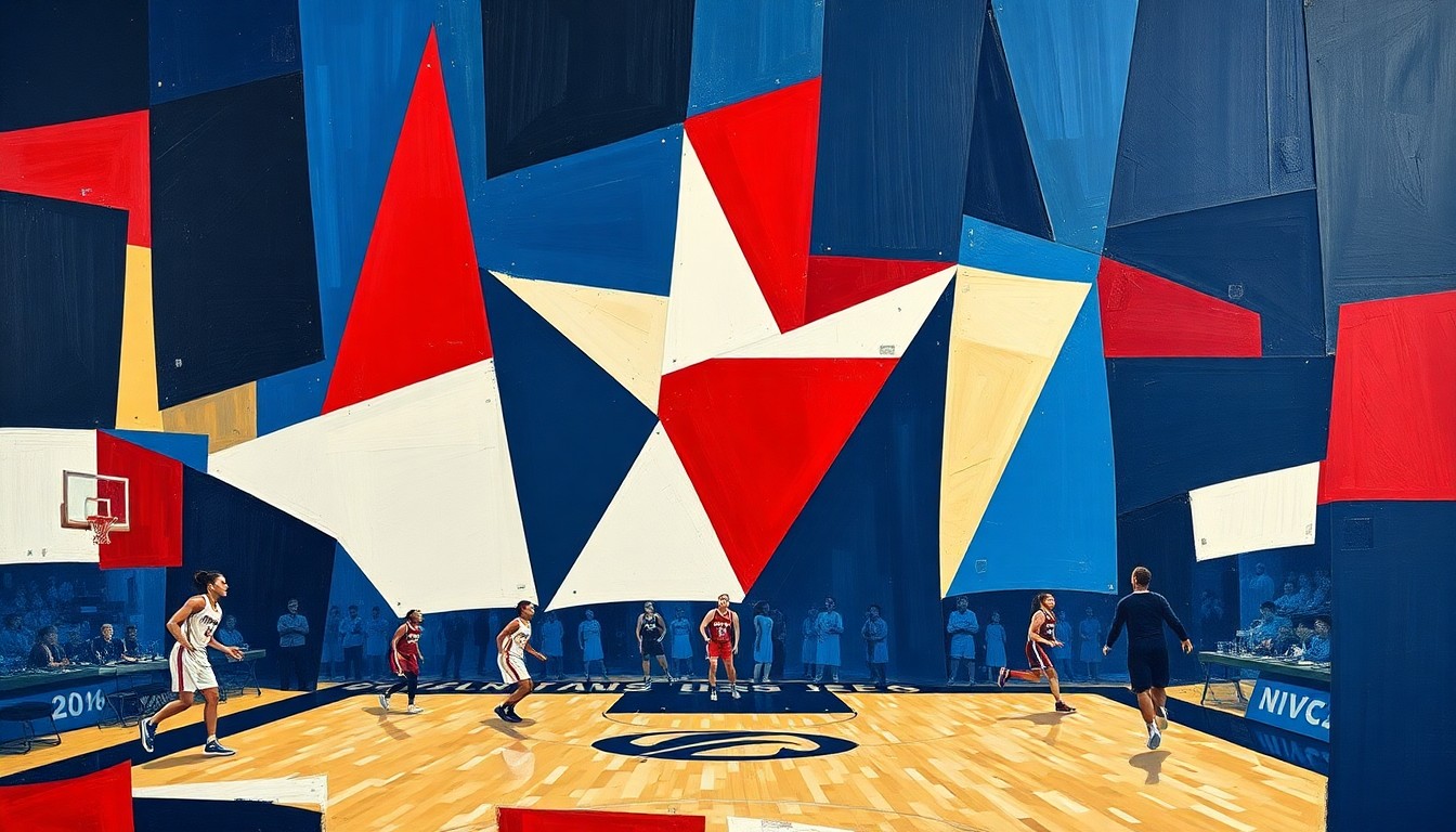 A cubist, geometric painting depicting a WNBA basketball game, with sharp, overlapping planes of navy blue, red, and white, capturing the dynamic energy and movement of the sport.