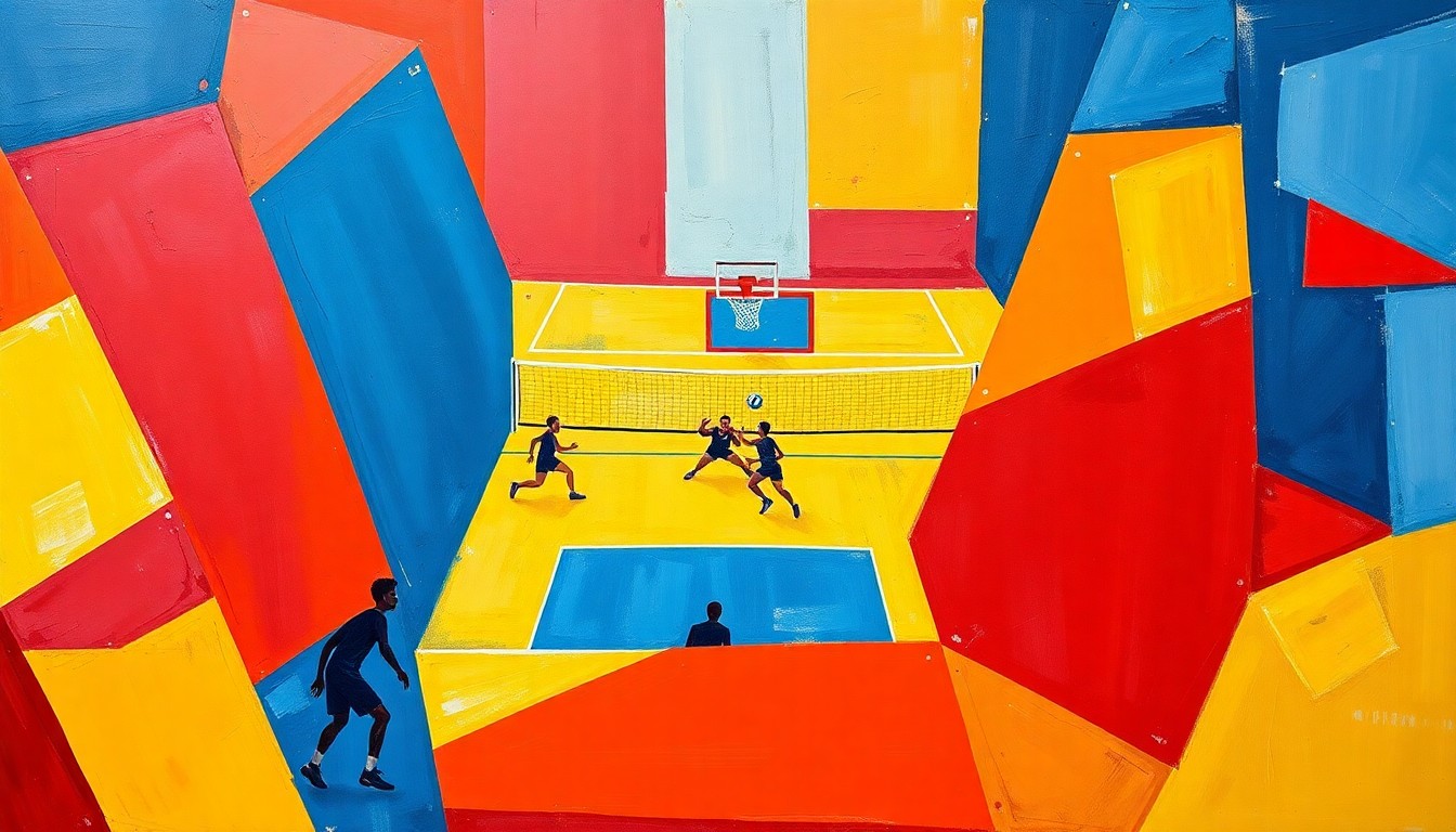 A fragmented, geometric painting depicting the motion and action of a volleyball game, with overlapping planes of bright primary colors.