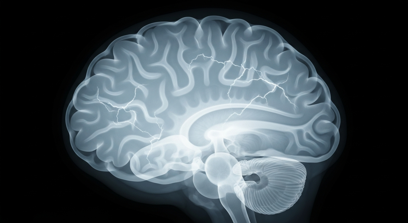 An extreme close-up X-ray photograph showing the intricate, ghostly structures of a human brain, symbolizing the delicate nature of mental health.