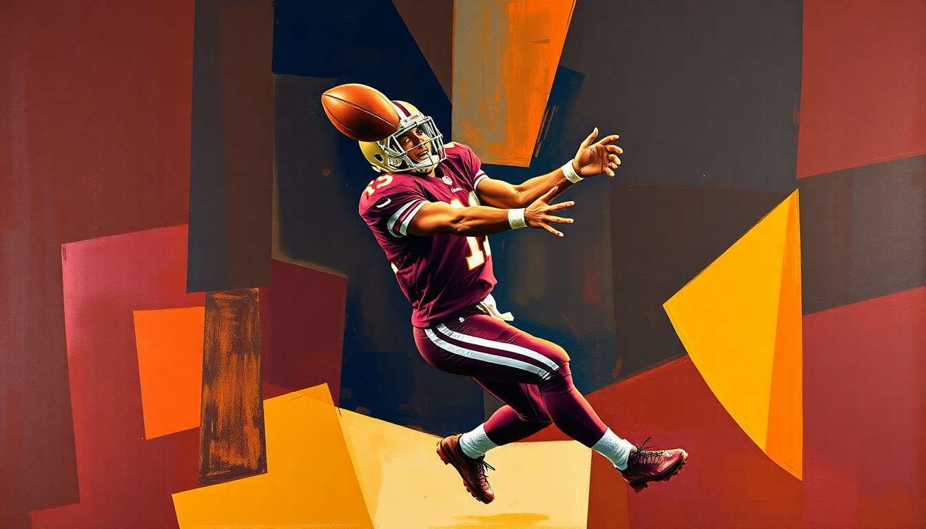 A cubist-style painting depicting a football player making a catch, with the figure broken down into sharp, overlapping geometric shapes in deep burgundy, gold, and navy blue colors.