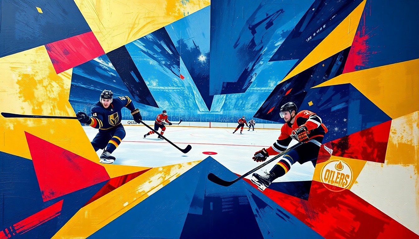 A cubist, geometric painting depicting a hockey game between the Vegas Golden Knights and Edmonton Oilers, with the players and puck represented through sharp, overlapping shapes in a vibrant color palette.
