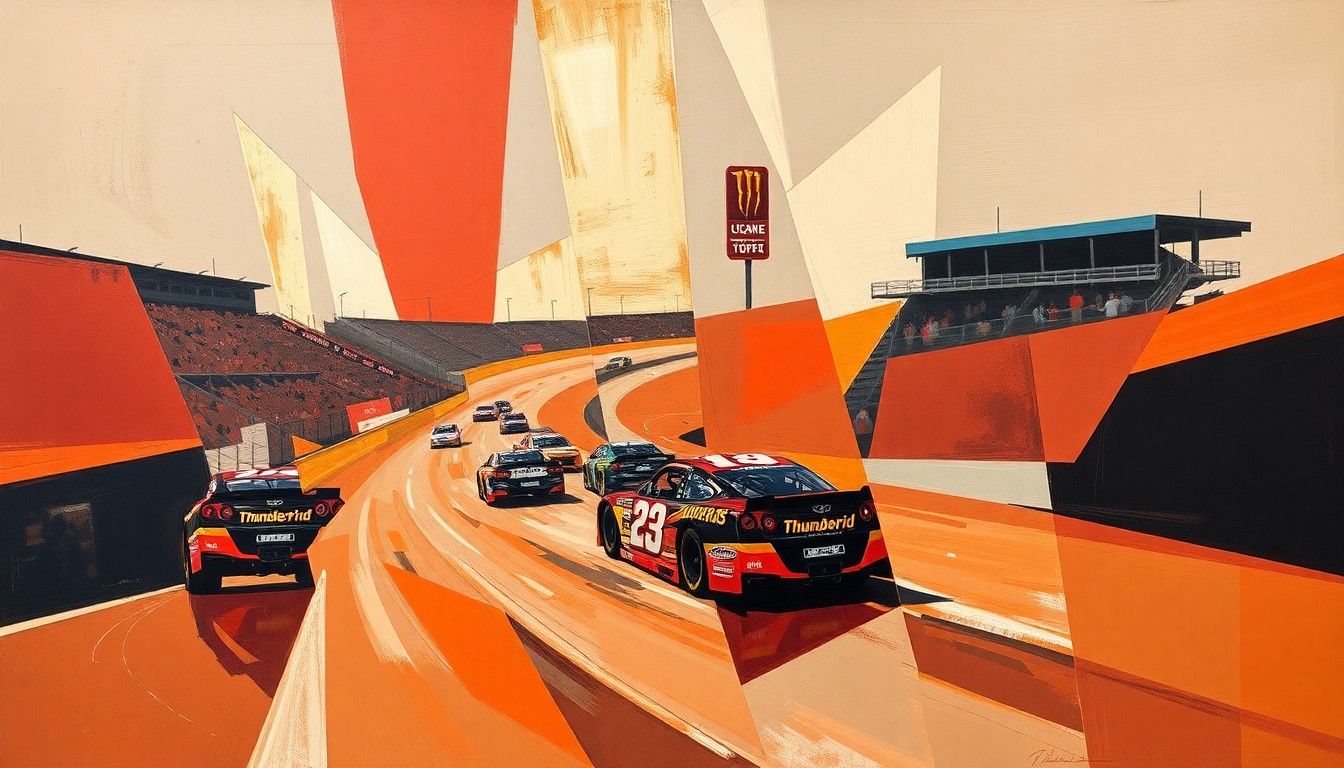 A cubist, geometric painting depicting a fragmented stock car race, with sharp planes of color in deep reds, oranges, and greys, conceptually representing the tensions and complexities surrounding the closure of Thunderbird Raceway.