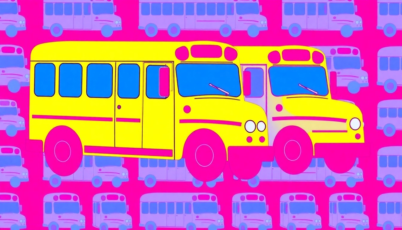A bold, stylized illustration of a school bus icon repeated in a grid pattern, using bright, neon colors to convey the energy and tension of the San Francisco school strike.