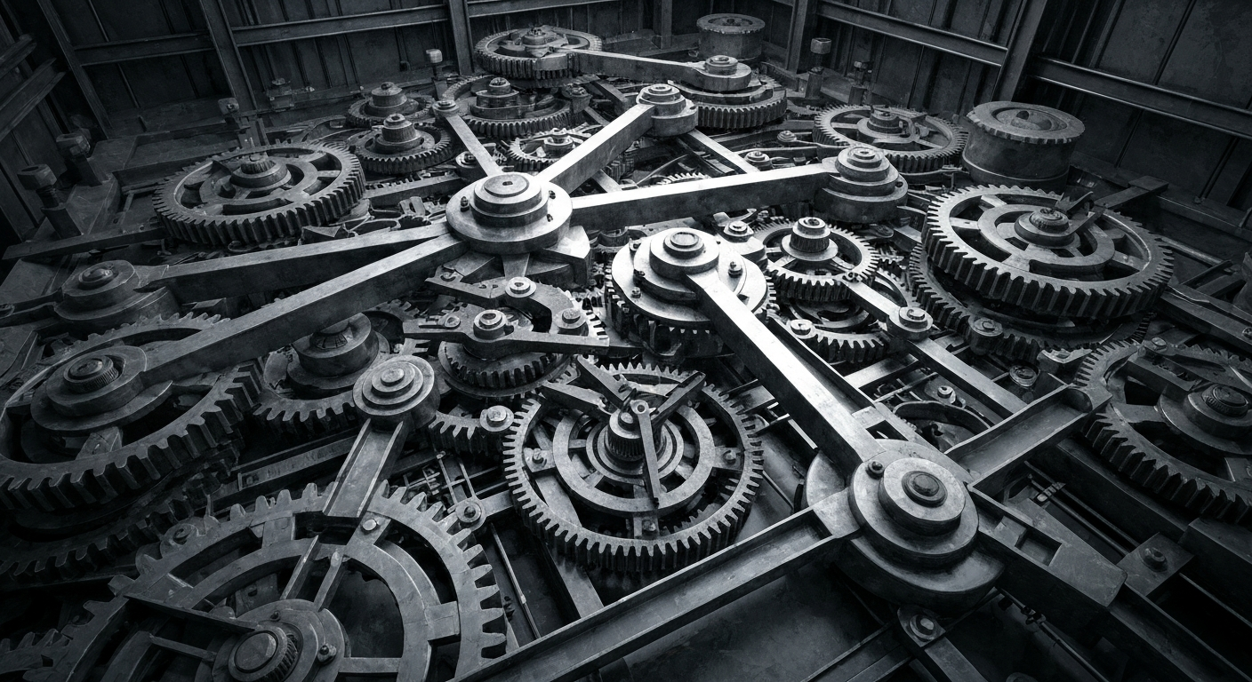 An extreme close-up of a complex network of gears, levers, and mechanical components in a dark, industrial setting, conceptually representing the intricate workings of the foreign exchange market.