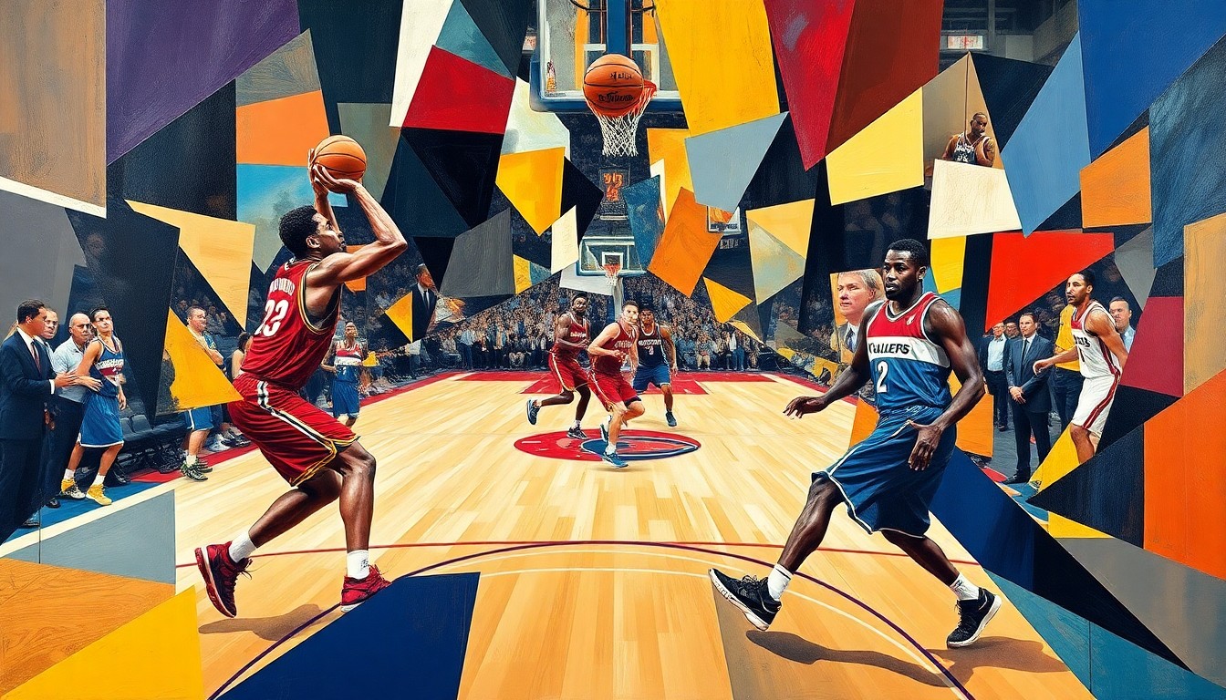 A fragmented, geometric painting in the style of Pablo Picasso, depicting the motion and competition of a basketball game between the Cleveland Cavaliers and Washington Wizards, with the players' forms broken down into sharp, overlapping planes of color and shape.