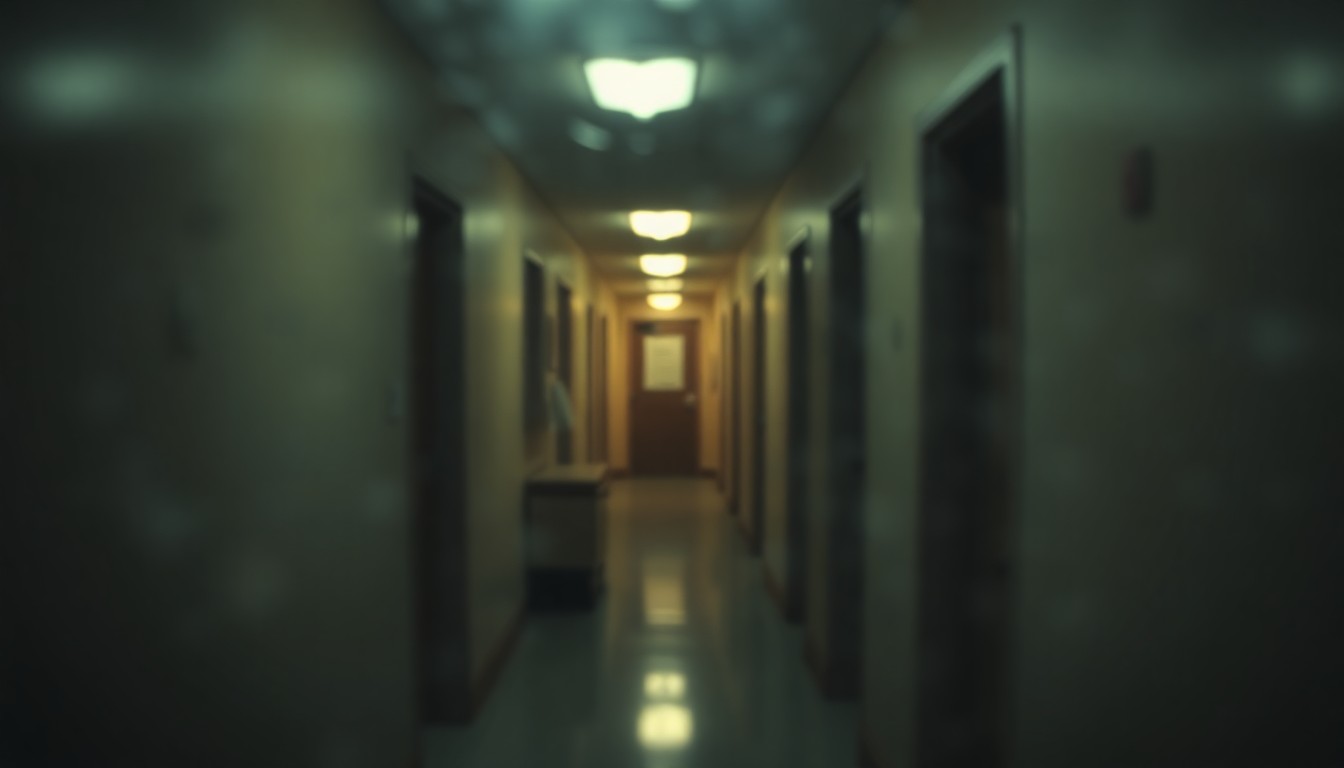 An abstract, out-of-focus image in warm, muted tones depicting a blurred view of a college dormitory hallway, conveying a sense of melancholy and disruption.