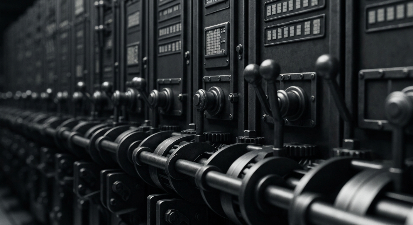 A close-up, high-contrast image of intricate banking mechanisms and electronic panels, representing the sophisticated financial systems that underpin retirement planning in the modern era.