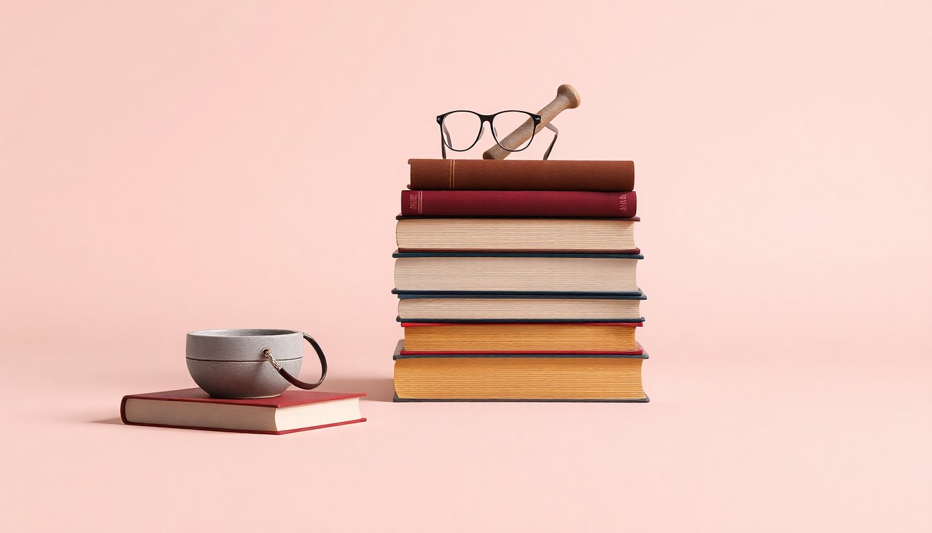 A photorealistic studio still life featuring a stack of books, a mortar and pestle, and a pair of glasses, symbolizing the scholarly work of Harvard's graduate students.