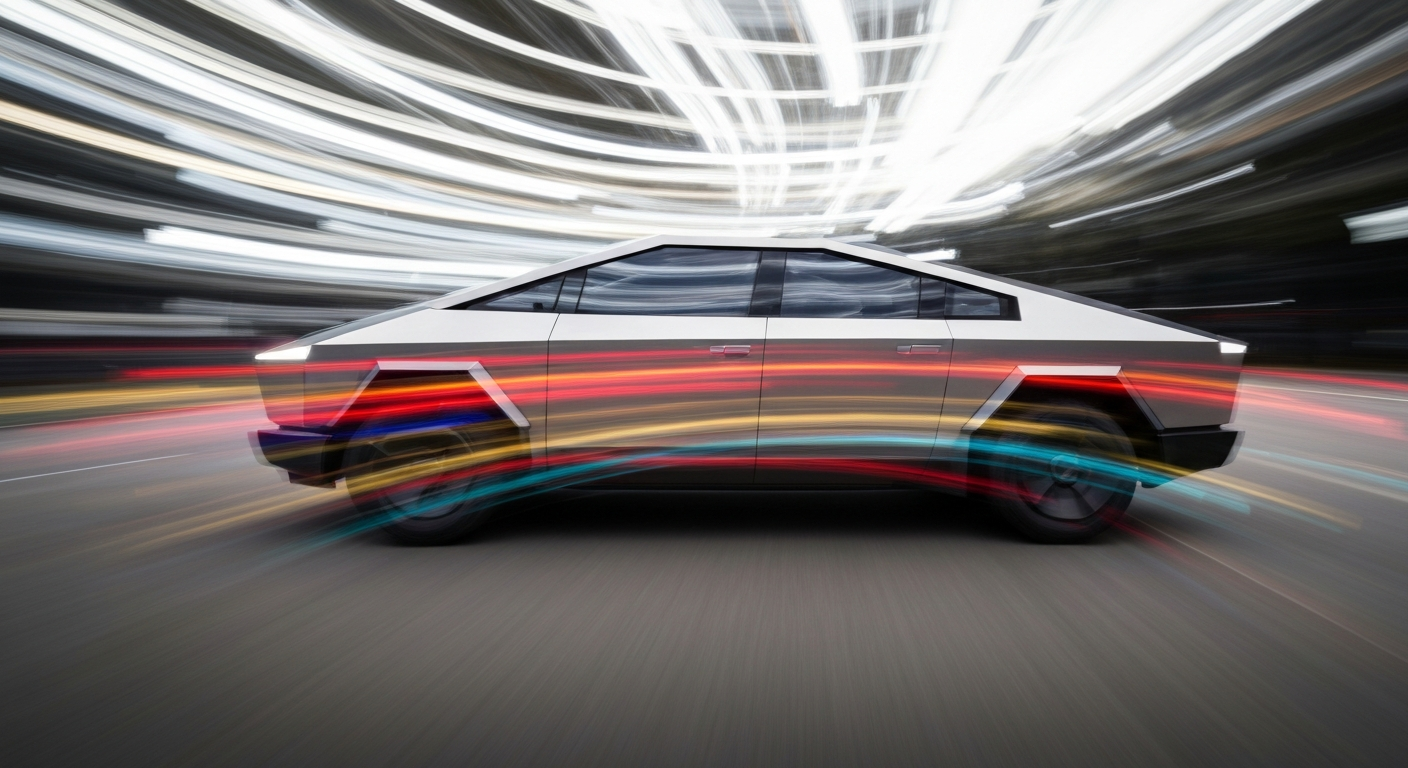 An abstract, blurred image of a Tesla Cybercab self-driving vehicle, with vibrant streaks of color conveying a sense of speed and futuristic technology.