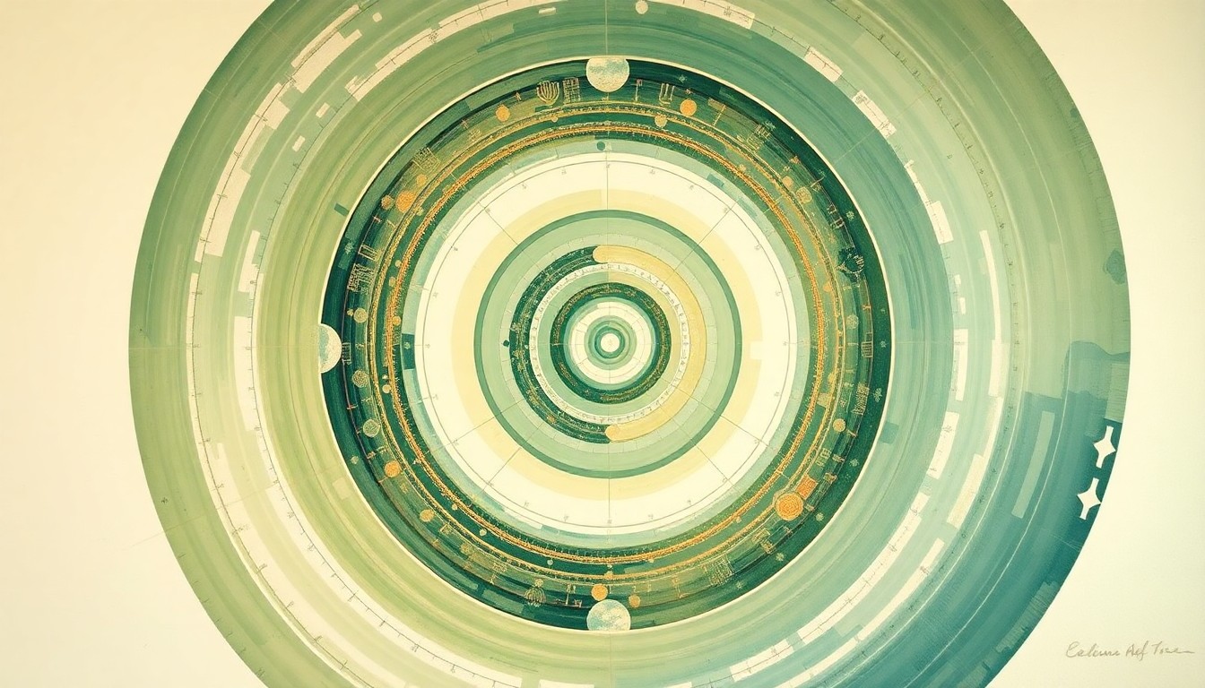 A bold, abstract painting in soft earthy tones of green, blue, and gold, featuring sweeping geometric arcs, concentric planetary circles, and precise botanical spirals, conceptually representing the interconnected forces of space exploration and global unity.