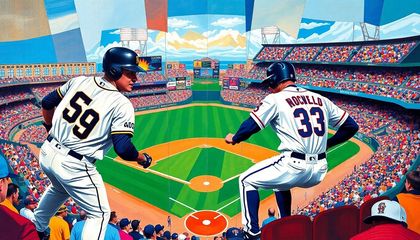A cubist, geometric painting depicting a baseball game in progress, with the players and field broken down into overlapping planes of vibrant colors representing the uniforms and playing surface.