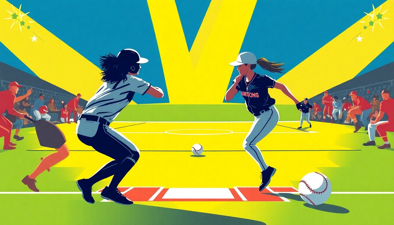 A cubist, geometric painting depicting overlapping planes and shapes representing the dynamic movements and strategic plays of a competitive softball game, without any recognizable figures or text.