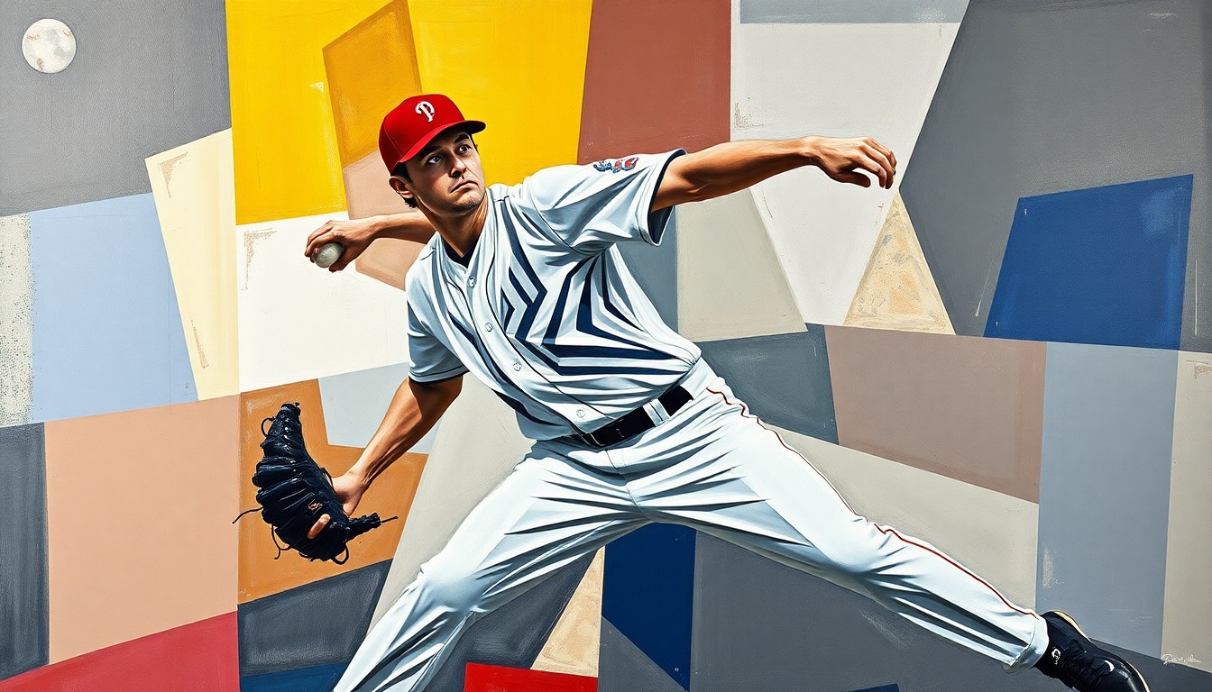 A cubist, geometric painting depicting the fractured motion of a baseball pitcher, with sharp, overlapping planes of color representing the complex movements of the athlete.