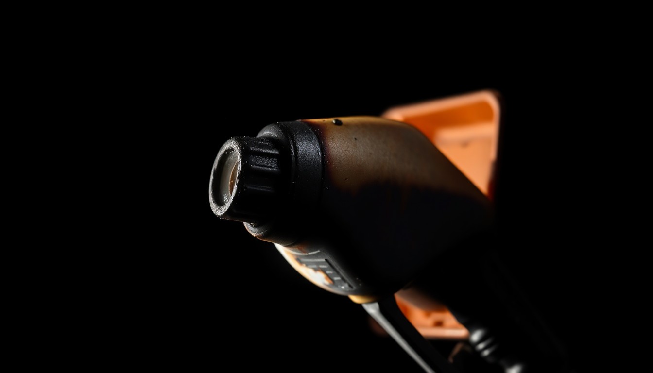 An extreme close-up photograph of a charred and melted gas pump nozzle, conveying the aftermath of a fiery collision at a gas station through a stark, gritty, and investigative visual style.