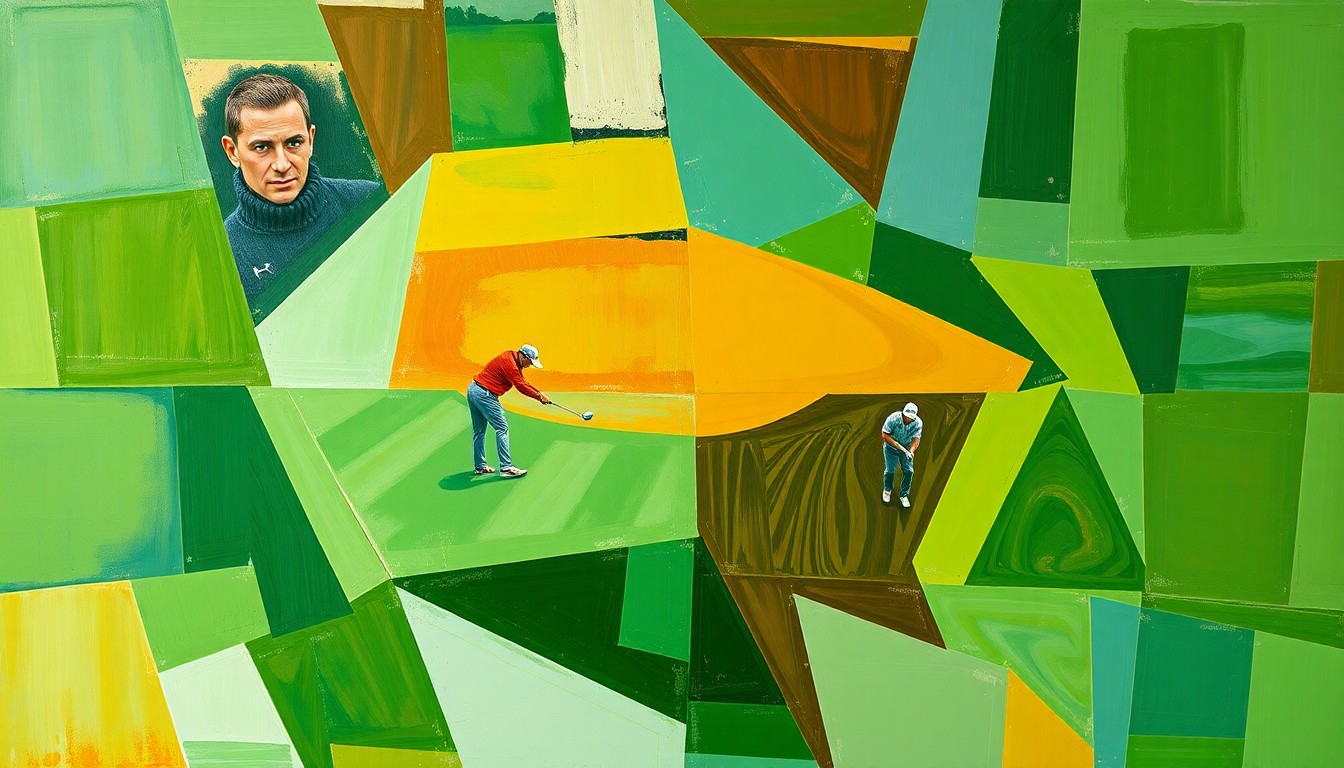 A cubist-style painting featuring overlapping geometric shapes and planes in shades of green, brown, and blue, conceptually representing the complex personal and professional challenges facing Tiger Woods.