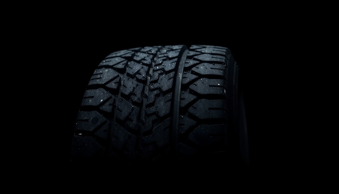 An extreme close-up photograph of a heavily damaged semi truck tire tread, the treads worn and the rubber cracked, conceptually representing the aftermath of a serious commercial vehicle accident on the highway.