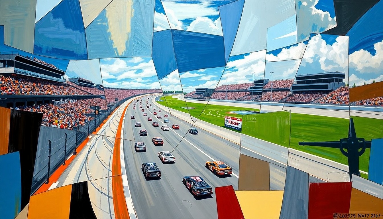 A cubist, geometric painting depicting a NASCAR race at Bristol Motor Speedway, with the cars and track broken down into sharp, overlapping planes of color and shape.