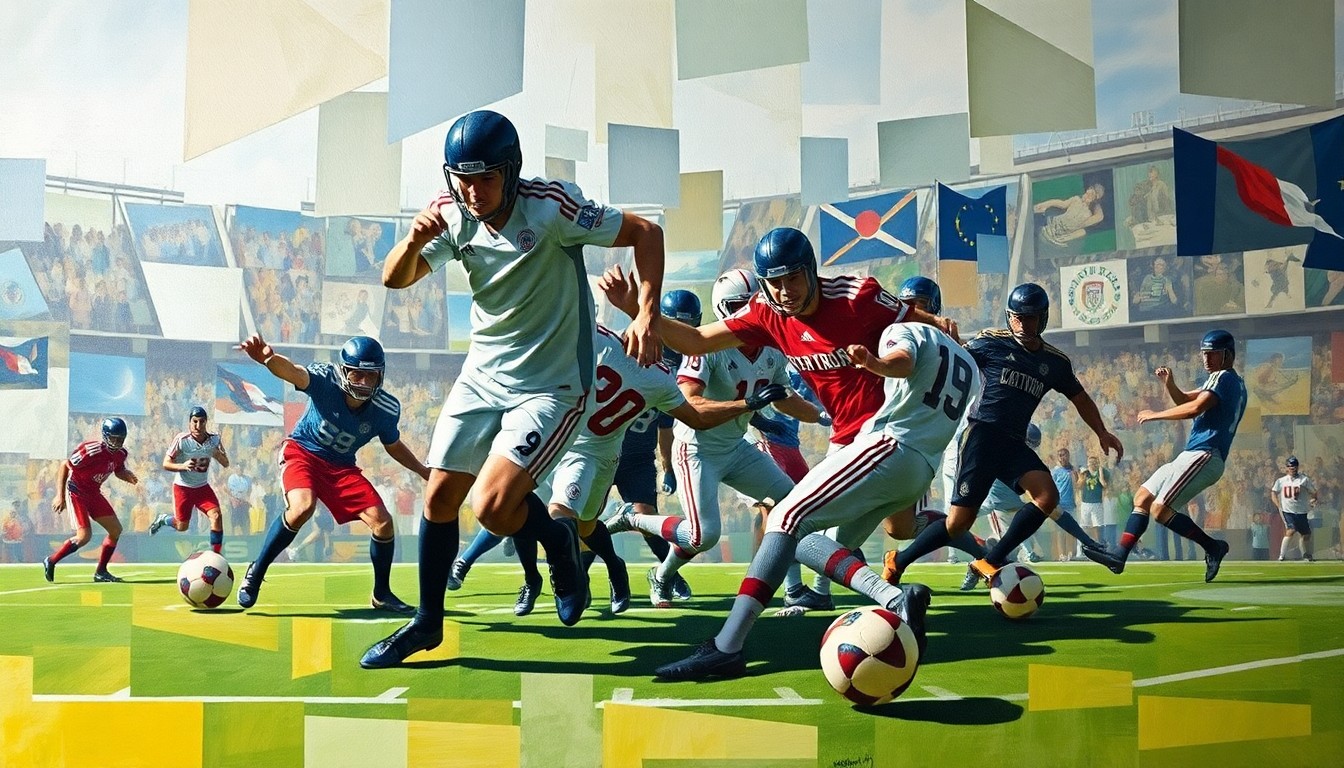 A cubist, geometric painting depicting a football game broken down into overlapping planes of players, the ball, and the field, all rendered in an abstract, fragmented style.