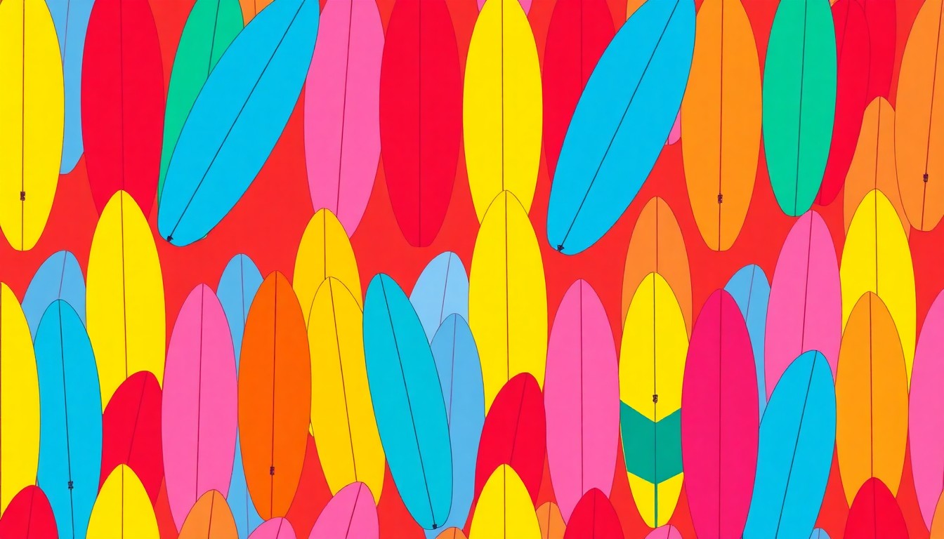 A brightly colored, high-contrast silkscreen print featuring a single surfboard shape repeated in a tight grid pattern, rendered in a bold, pop art style with flat, unnatural neon colors and heavy black outlines, conceptually representing the vibrant surf culture and conservation efforts in California.