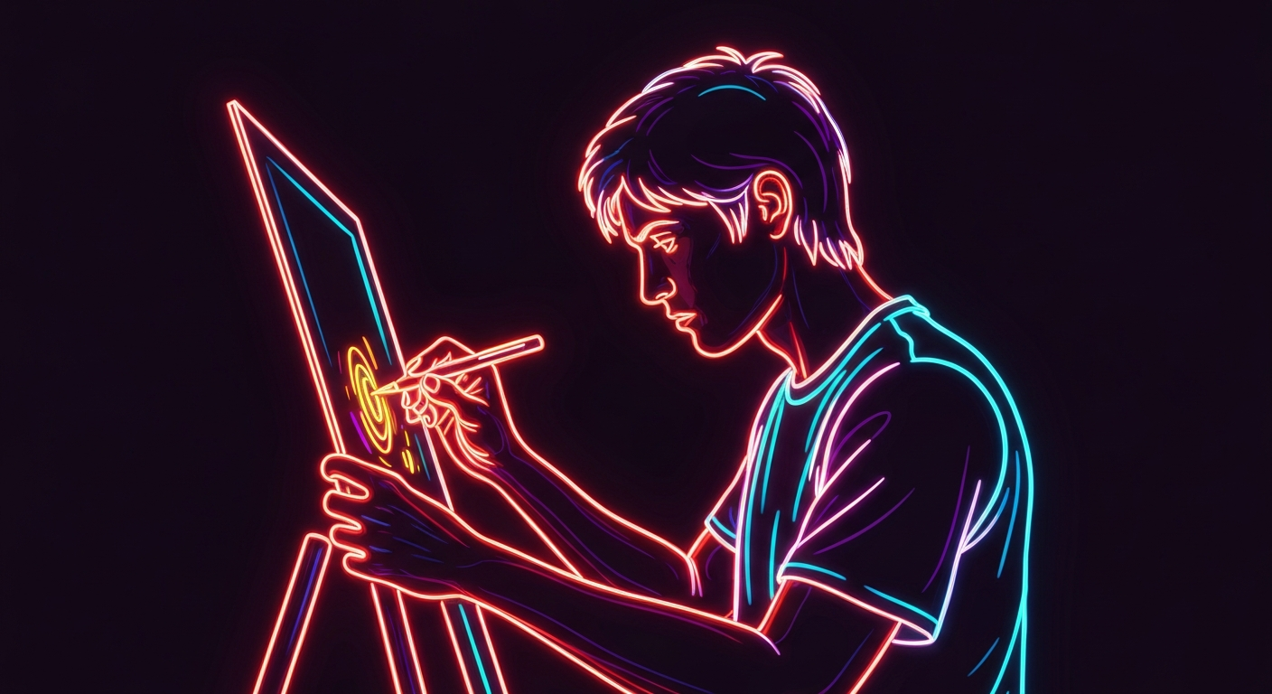 A glowing neon outline illustration of a person creating art, with vibrant lines defining the figure's movement and creative energy against a dark background, conceptually representing the therapeutic power of artistic expression.