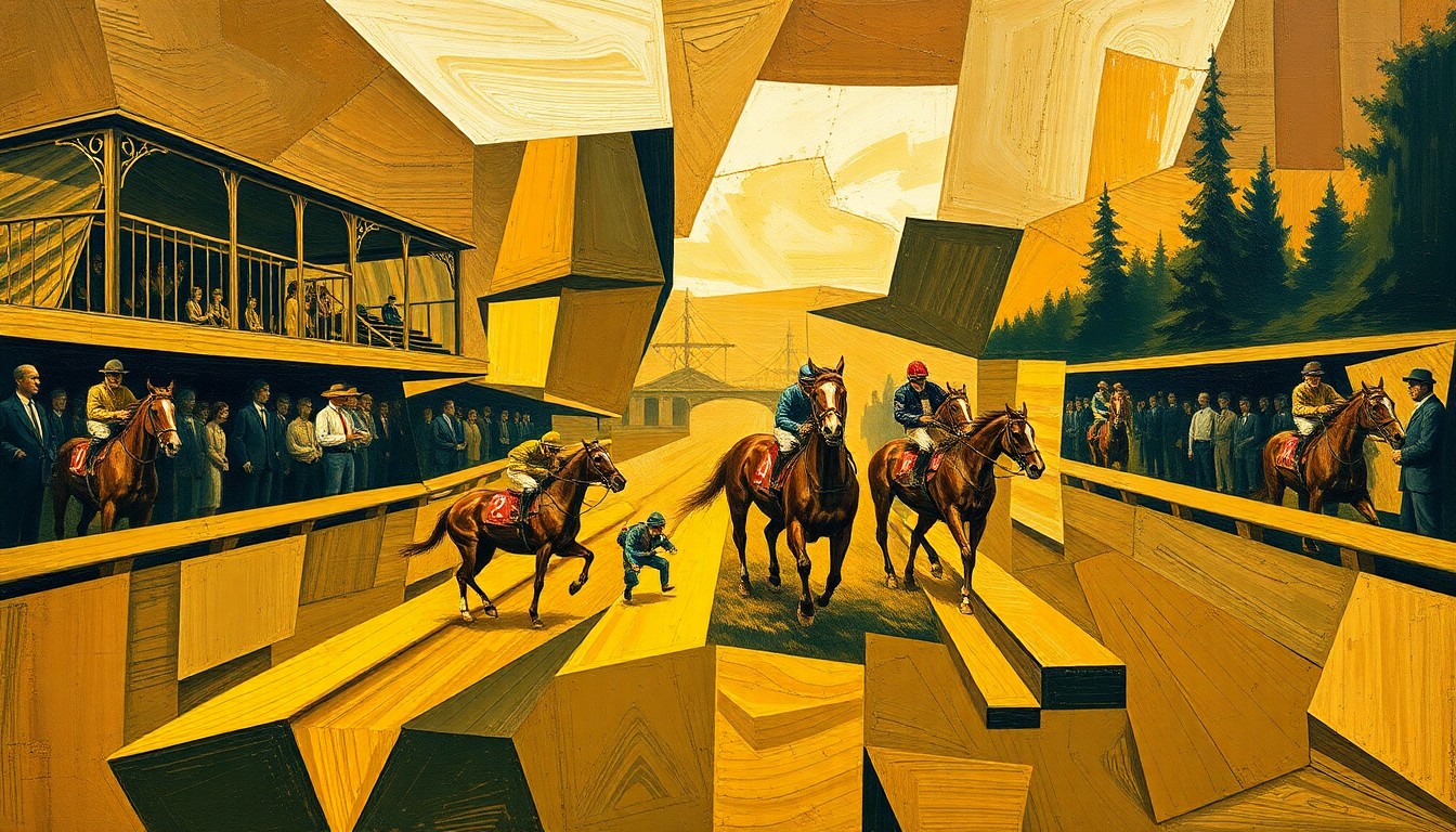 A fragmented, geometric painting depicting the motion and energy of a harness racing scene, with overlapping planes of earth-toned colors representing the hard work and contributions of local horsemen to the sport.