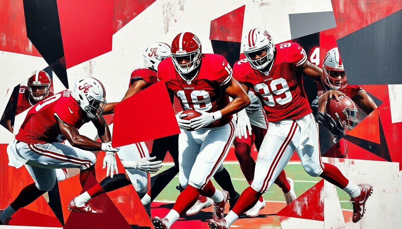 A cubist-style painting featuring abstracted, geometric shapes in crimson, white, and black, representing an Alabama football game in a fragmented, multi-perspective style.