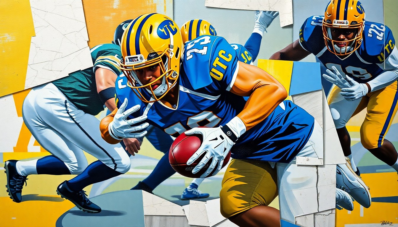 A cubist-style painting depicting a linebacker in motion, with the player's form broken down into sharp, overlapping geometric shapes in the team's colors of blue, gold, and white, conveying the player's speed and athleticism.