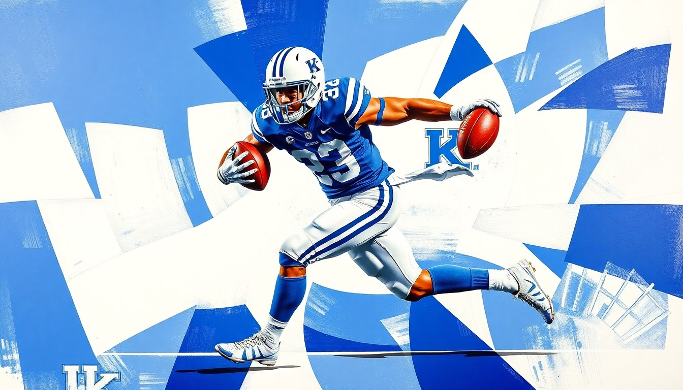 A cubist-style painting depicting a Kentucky football player in motion, with sharp geometric shapes and planes of blue and white representing the dynamic action of the game.