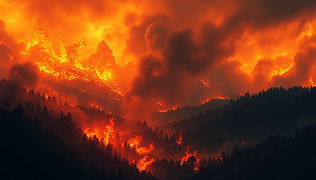 A dramatic oil painting in the style of Caspar David Friedrich, depicting a massive wildfire consuming a dense forest. The scene uses deep perspective and dramatic lighting to convey the overwhelming, sublime scale of the natural disaster, with the flames and smoke dwarfing any physical structures.