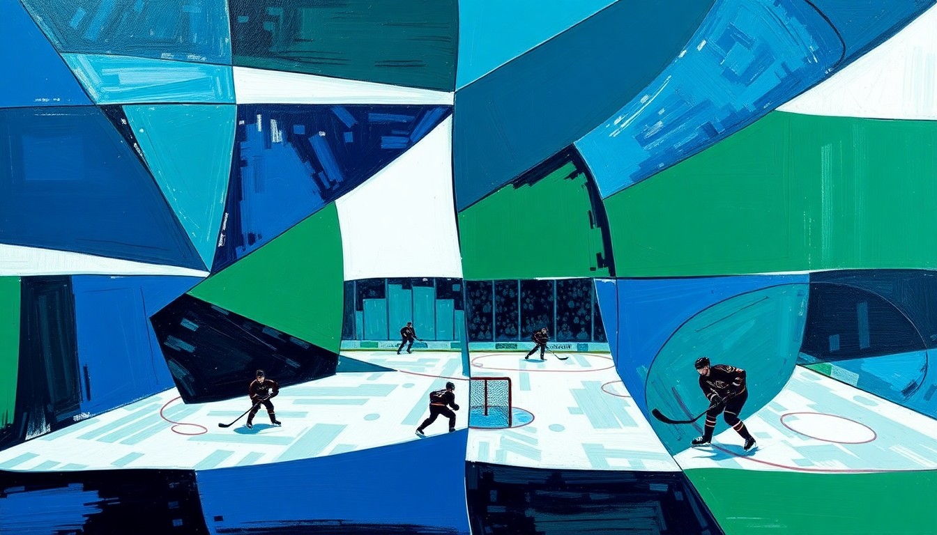 A cubist, geometric painting depicting a hockey player in motion, with the player's form broken down into overlapping, angular planes of navy blue, forest green, and bright white.