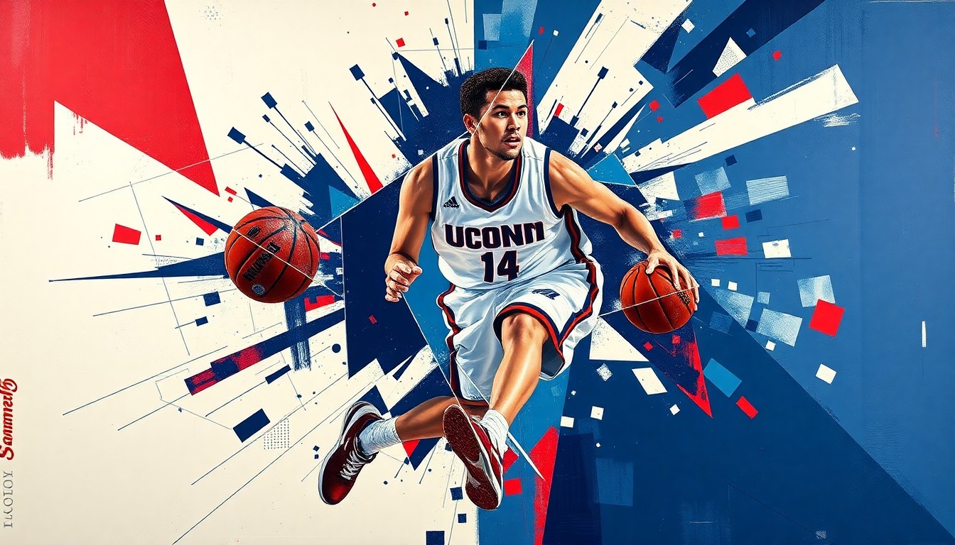 A fractured, geometric painting in vibrant blues, whites, and reds, depicting the dynamic movements and skills of a basketball player in an abstract, deconstructed style.