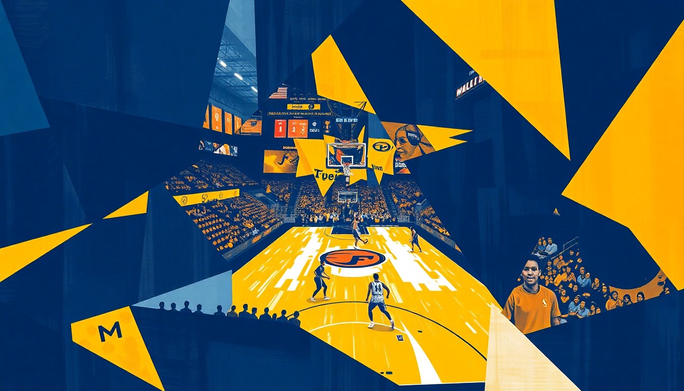 A fractured, cubist-style painting depicting the dynamic movements and energy of a WNBA basketball game, with the players and court broken down into sharp, overlapping geometric shapes in the team colors of navy blue, gold, and white.