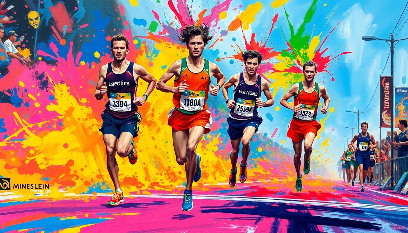 An extreme close-up of a marathon runner's legs and feet in motion, with a blurred background of spectators and the finish line, captured in a vibrant, expressionist painting style using neon colors and rapid brushstrokes to convey the raw athleticism of the moment.