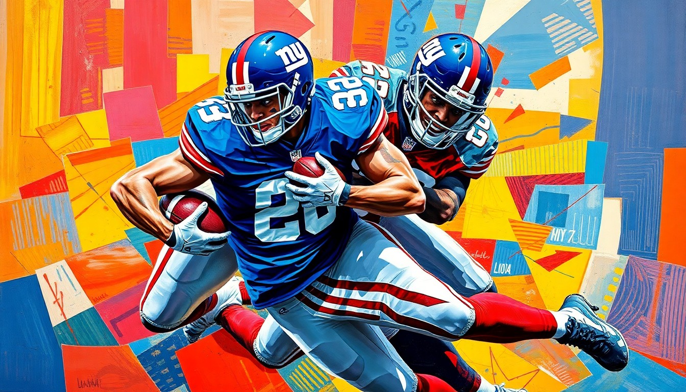 A fractured, cubist-style painting depicting the powerful movements of a defensive tackle making a tackle, with the Giants' blue and red uniform colors breaking apart into sharp, overlapping geometric shapes.