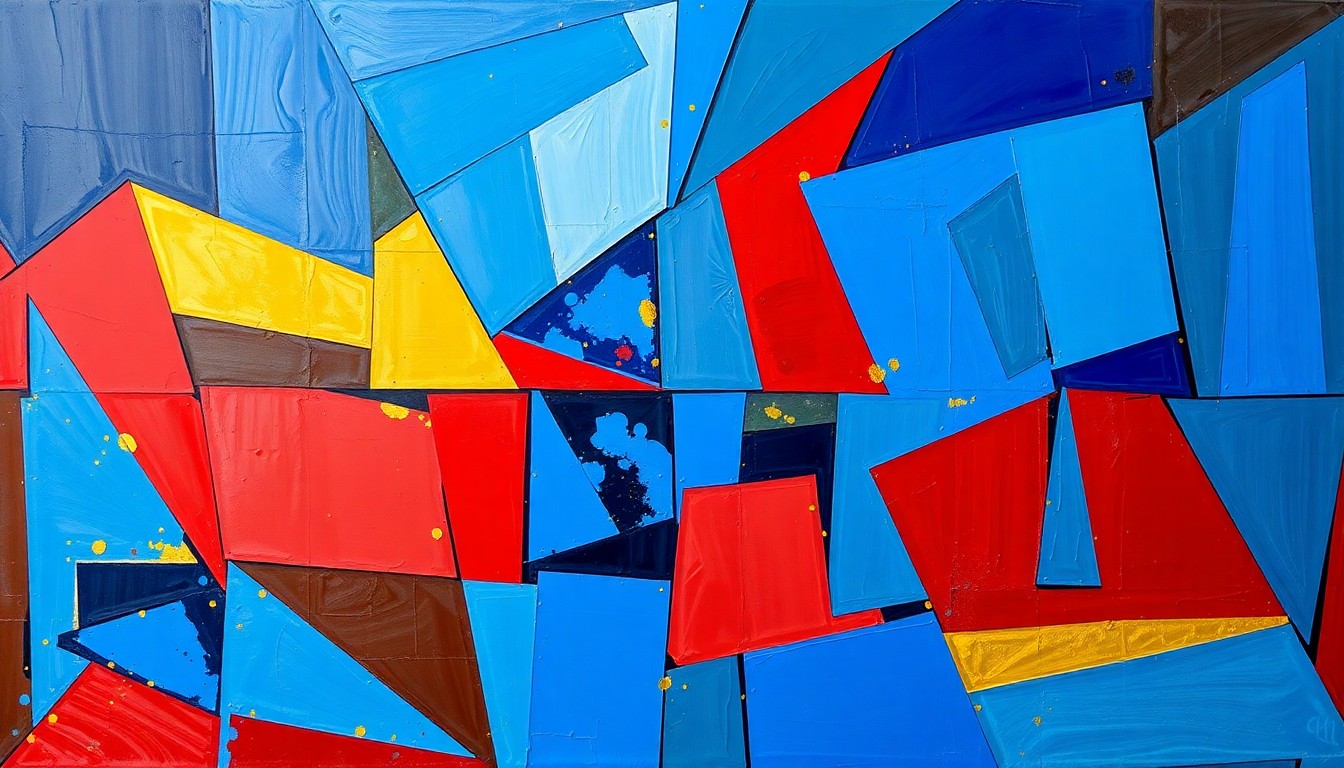 A fragmented, cubist-style painting depicting the dynamic movements and defensive impact of a basketball player, conveying the multifaceted talent and two-way prowess of Victor Wembanyama.