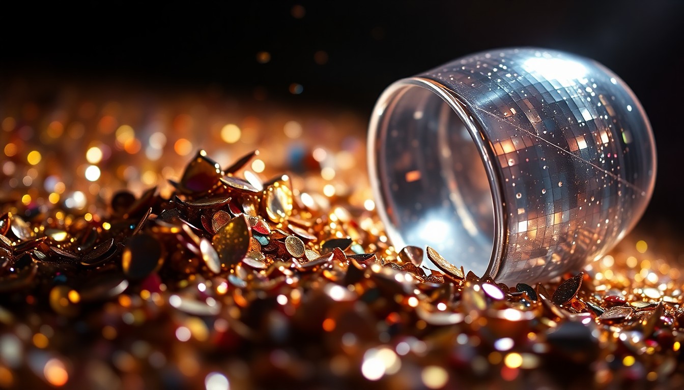 An extreme close-up photograph of shimmering sequins and shattered glass reflecting dramatic studio lighting, conveying the luxurious, high-energy atmosphere of a Bruno Mars performance.