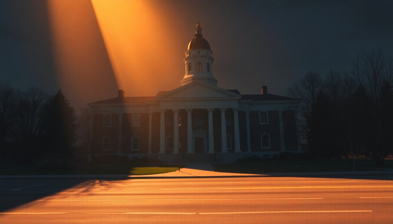 A serene, cinematic painting of the Maine State House, its grand facade illuminated by warm, angled sunlight and cast in deep shadows, capturing the quiet drama of the state's political landscape.
