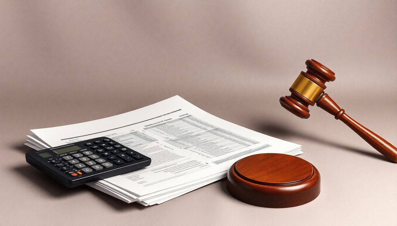 A photorealistic studio still-life featuring a stack of financial documents, a calculator, and a gavel on a clean, monochromatic background, conceptually representing the abstract legal and financial issues at the heart of this investor lawsuit.