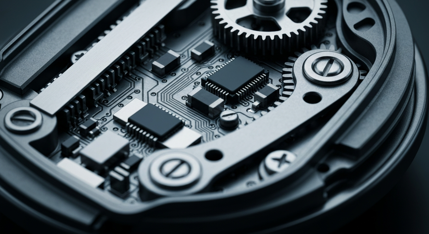 An extreme close-up photograph of the intricate mechanical and electronic components inside an insulin pump, rendered in a dark, industrial color palette, conceptually representing the technical sophistication of Modular Medical's diabetes management devices.