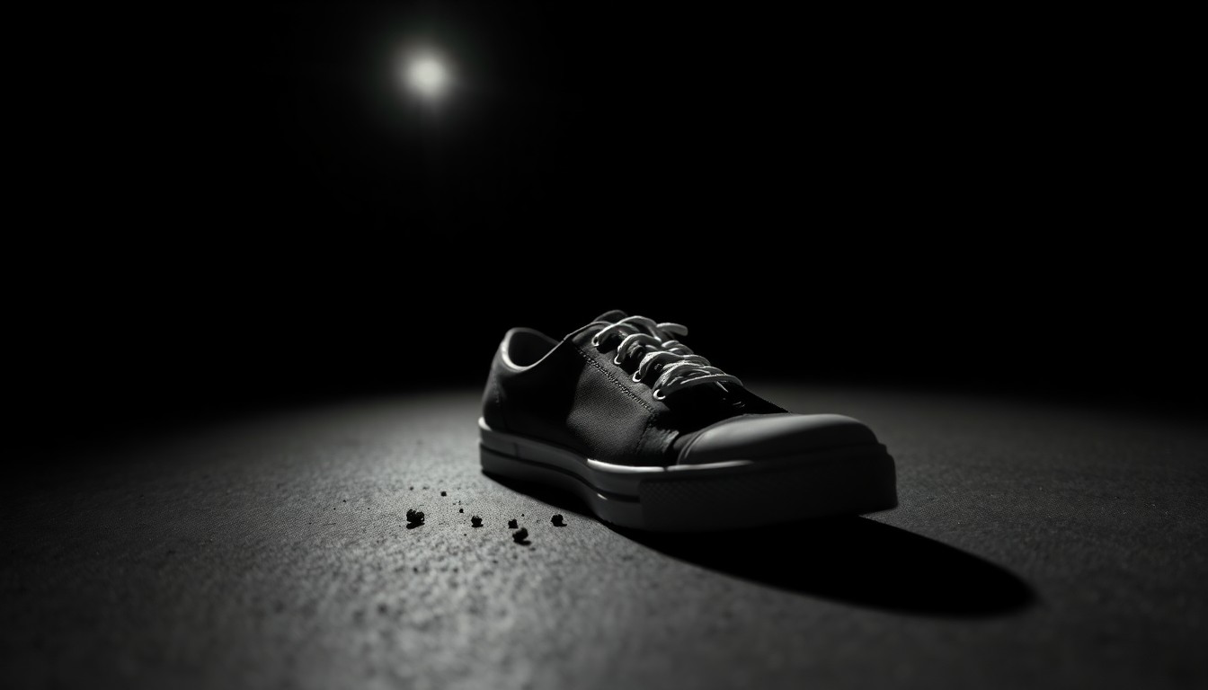 An extreme close-up photograph of a discarded shoe or piece of clothing, capturing the texture and material details under harsh, direct lighting, conceptually representing the investigation into this disturbing crime.