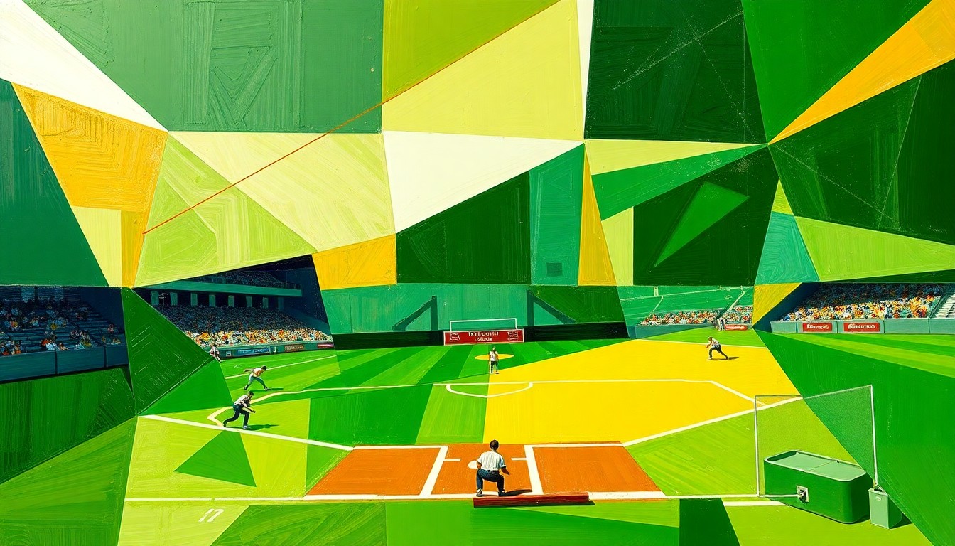 A vibrant, cubist-style painting depicting a high school softball game broken down into sharp, overlapping geometric shapes and planes of green, gold, and white, conceptually representing the team's competitive spirit and resilience.