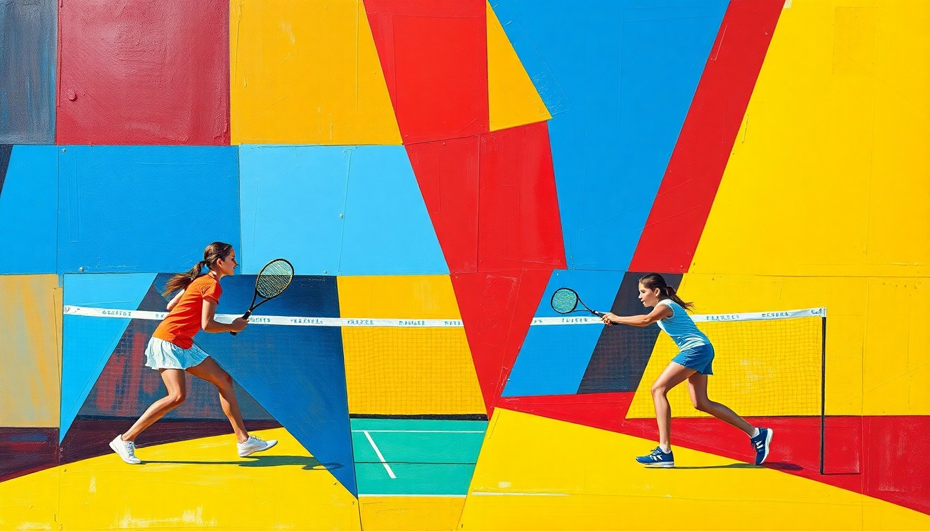 A fragmented, geometric painting in bold primary colors depicting the dynamic movements and perspectives of a girls tennis match.