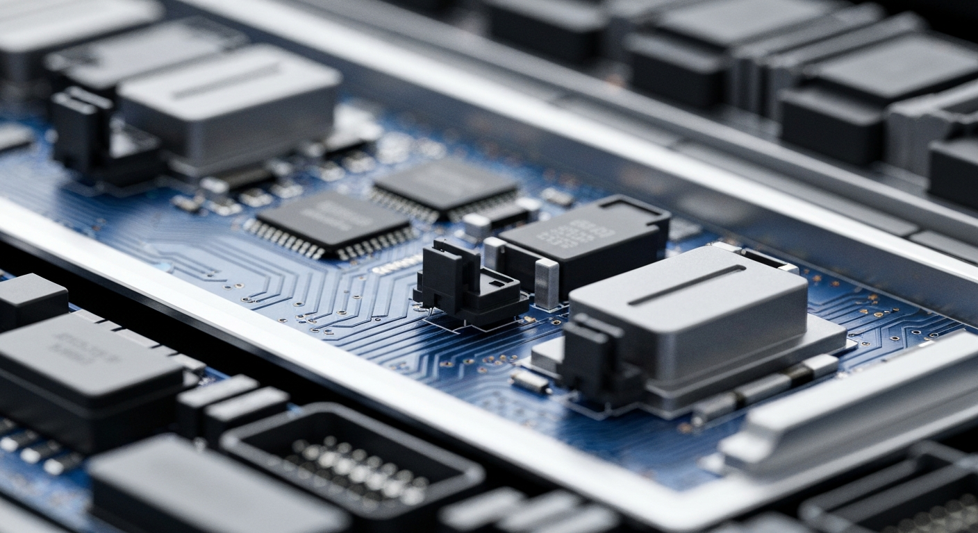 An extreme close-up of a tangle of metallic automotive electronics components, including circuit boards, sensors, and wiring, conveying the intricate technology behind modern vehicle features.
